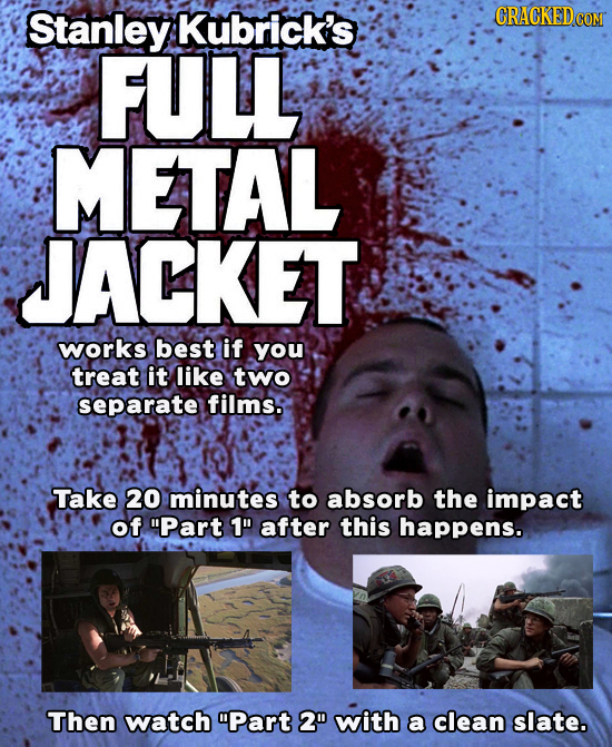 Stanley Kubrick's FULL METAL JACKET works best if you treat it like two separate films. Take 20 minutes to absorb the impact of Part 1 after this ha
