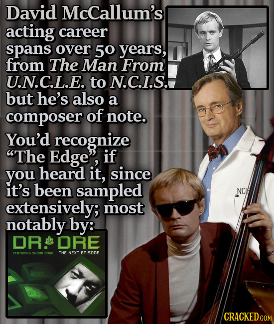 David McCallum's acting career spans over 50 years, from The Man From U.N.C.LE. to N.C.I.S. but he's also a composer of note. You'd recognize The Edg