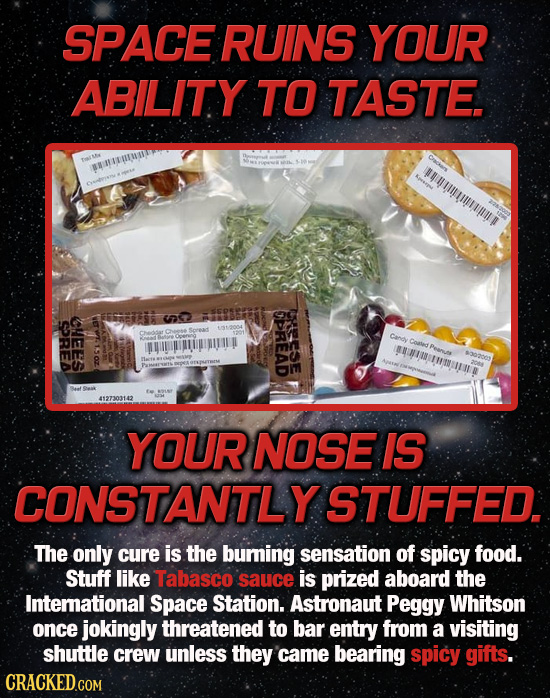 SPACE RUINS YOUR ABILITY TO TASTE. SBNTEITMIDE u CPREAD Rese SOREA CHEES Cangy Com Peanus AHIMUMMUTUE 43020 4127303142 YOUR NOSE IS CONSTANTLY STUFFED
