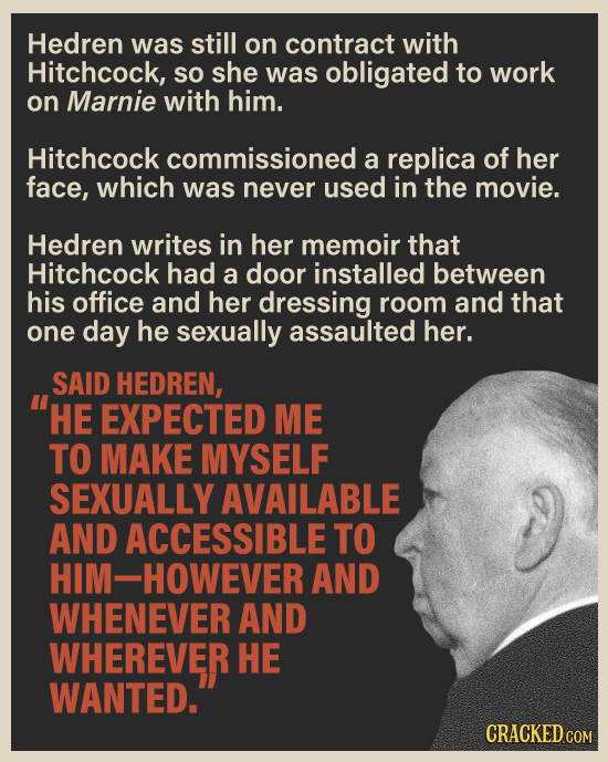 Hedren was still on contract with Hitchcock, so she was obligated to work on Marnie with him. Hitchcock commissioned a replica of her face, which was