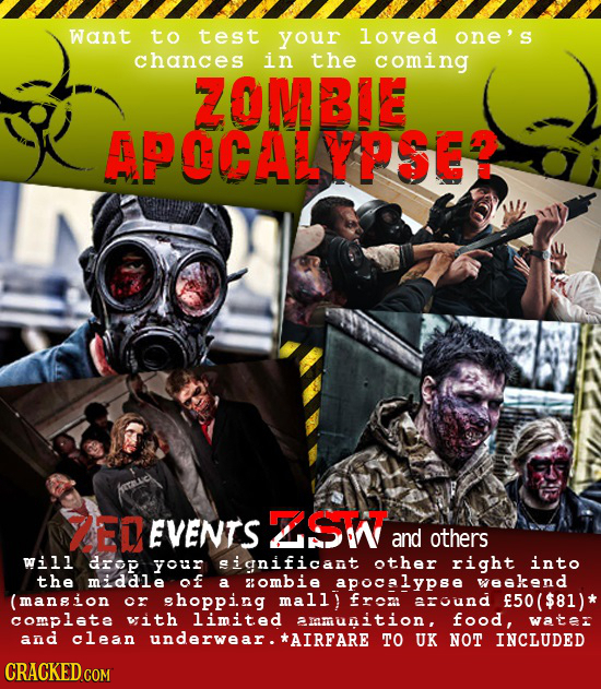 Want to test your loved one's chances in the coming ZOMBIE APOCALYPSE ZED EVENTS ZZSW and others will drop your significant other right into the middl