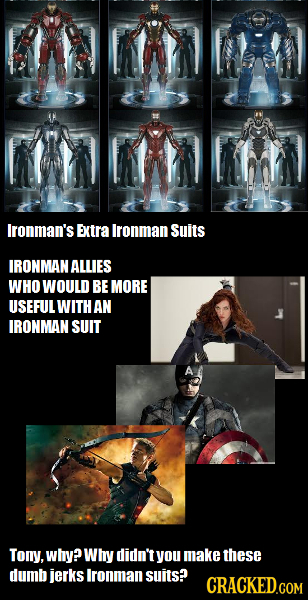 Ironman's Extra lronman Suits IRONMAN ALLIES WHO WOULD BE MORE USEFULWITH AN IRONMAN SUIT Tony, why? Whry didn't you make these dumb jerks Ironman sui