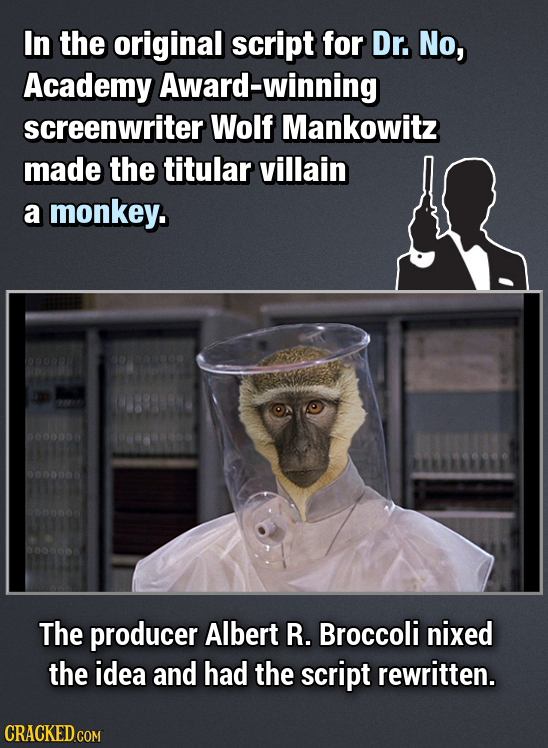 In the original script for Dr. No, Academy Award-winning screenwriter Wolf Mankowitz made the titular villain a monkey. The producer Albert R. Broccol