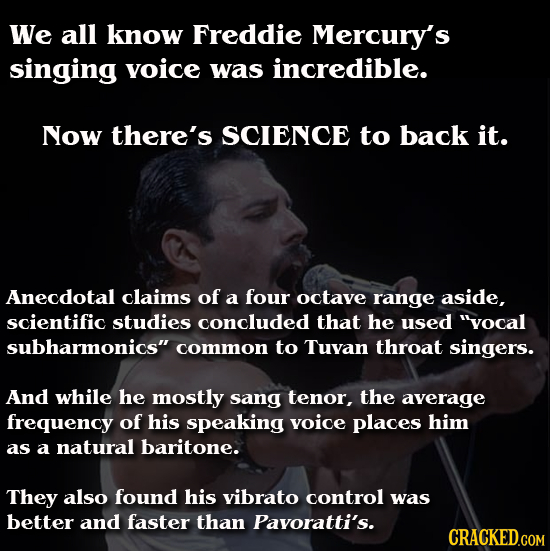 We all know Freddie Mercury's singing voice was incredible. Now there's SCIENCE to back it. Anecdotal claims of a four octave range aside, SCientific