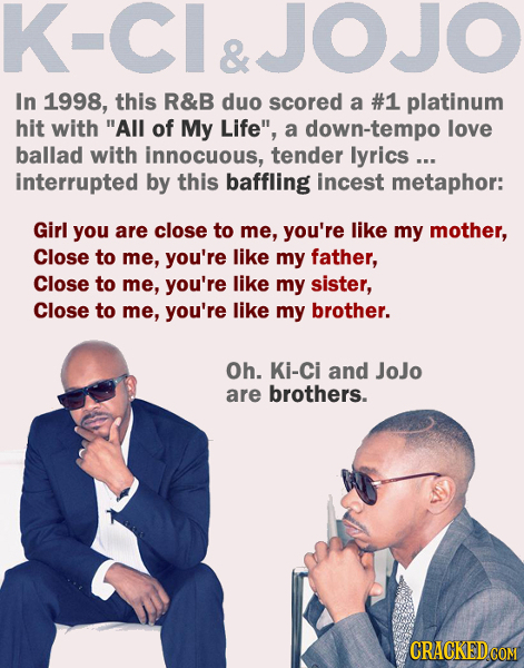 K-CI&JOJO & In 1998, this R&B duo scored a #1 platinum hit with All of My Life, a down-tempo love ballad with innocuous, tender lyrics ... interrupt