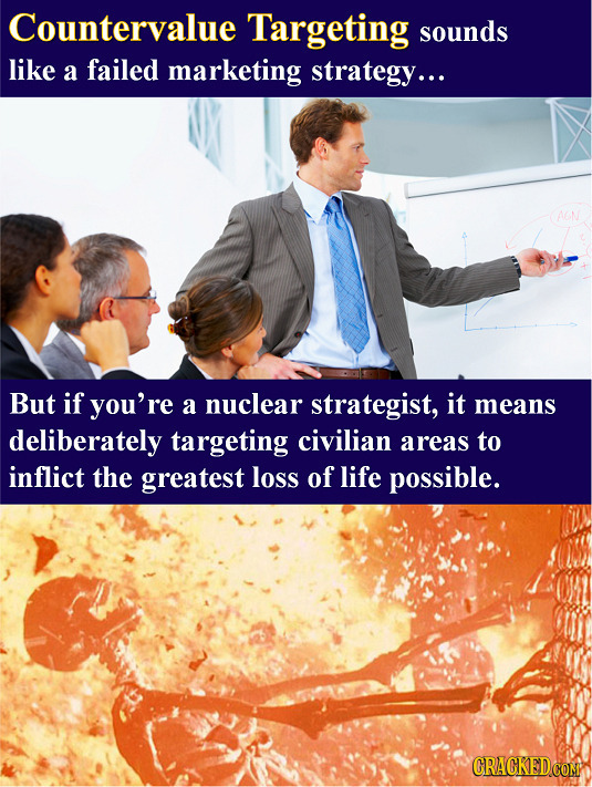 Countervalue Targeting sounds like a failed marketing strategy... But if you're A nuclear strategist, it means deliberately targeting civilian areas t