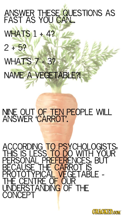 ANSWER THESE QUESTIONS AS FAST AS YOU CAN... WHATS 1 + 4? 2 + 5? WHAT'S 7 3? NAME A VEGETABLE?! NINE OUT OF TEN PEOPLE WILL ANSWER 'CARROT'. ACCORDING