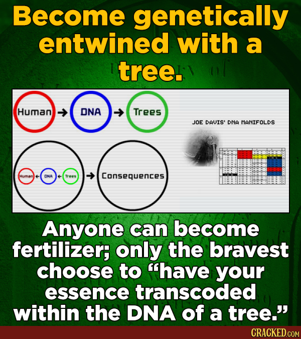 Become genetically entwined with a treel CO-COD-C Human -> DNA Trees JOE DAUIS' DNA MANIFOLDS DNA Trees Consequences Anyone can become fertilizer; onl