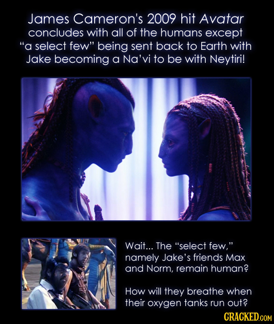 James Cameron's 2009 hit Avatar concludes with all of the humans except a select few being sent back to Earth with Jake becoming a Na'vi to be with