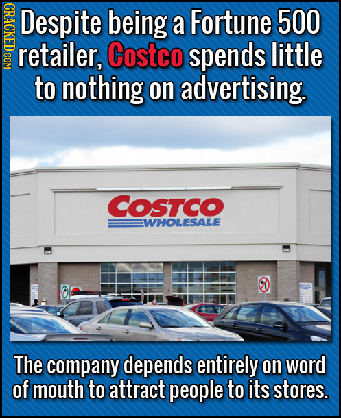 Despite being a Fortune 500 retailer, Costco spends little to nothing on advertising. COSTCO EWHOLESALE The company depends entirely on word of mouth 