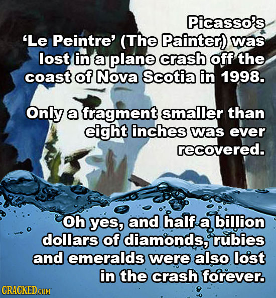 Picasso's 'Le Peintre' (The Painter) was lost in a plane crash off the coast of Nova Scotia in 1998. Only a fragment smaller than eight inches was eve