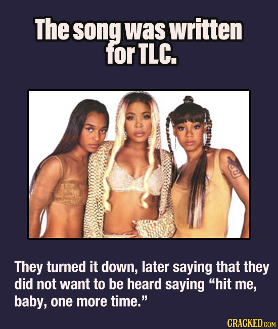 The song was written for TLC. They turned it down, later saying that they did not want to be heard saying hit me, baby, one more time. CRACKED.COM