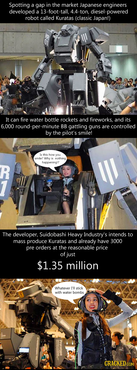 Spotting a gap in the market Japanese engineers developed a 13 -foot- tall. 4.4 -ton, diesel- -powered robot called Kuratas (classic Japan!) IT can fi