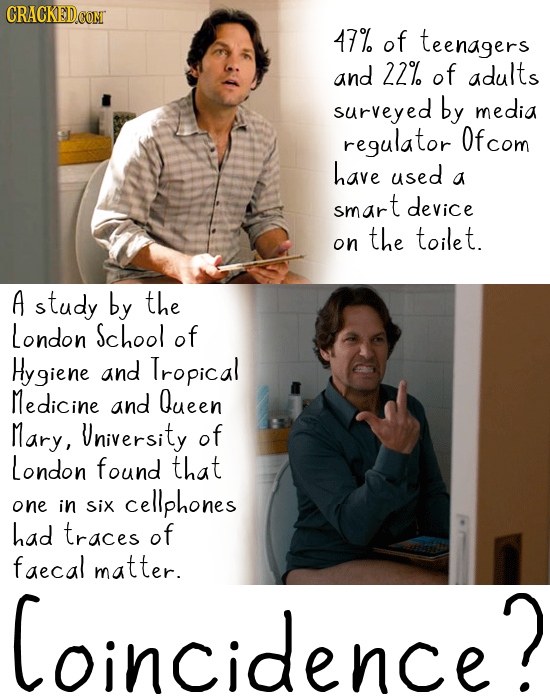 47% of teenagers and 22% of adults surveyed by media regulator Ofcom have used a smart device the toilet. on A study by the London School of Hygiene a