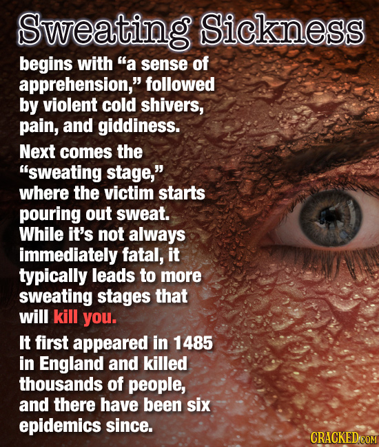 Sweating Sickness begins with a sense of apprehension, followed by violent cold shivers, pain, and giddiness. Next comes the sweating stage, where