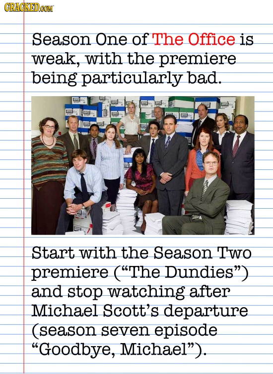 CRACKEDOON Season One of The Office is weak, with the premiere being particularly bad. Start with the Season Two premiere (The Dundies and stop watc