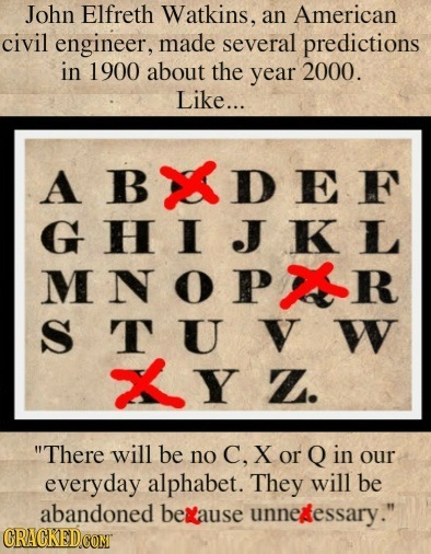 John Elfreth Watkins, an American civil engineer, made several predictions in 1900 about the year 2000. Like... A BADE F GHIJKL MN NOLAR O P R S TUV W