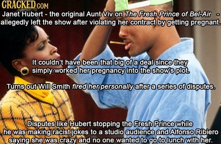 CRACKEDCO Janet Hubert- the original Aunt Viv on The Fresh Prince of Bel-Ain allegedly left the show after violating her contract by getting pregnant.