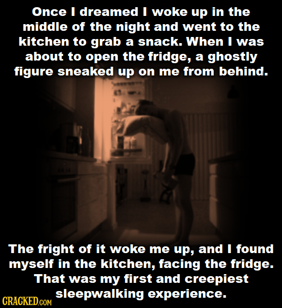 Once I dreamed I woke up in the middle of the night and went to the kitchen to grab a snack. When I was about to open the fridge, a ghostly figure sne