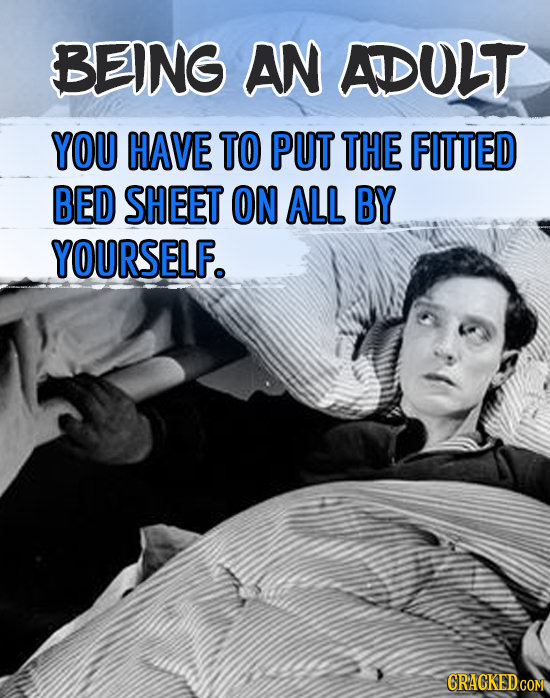 BEING AN ADULT YOU HAVE TO PUT THE FITTED BED SHEET ON ALL BY YOURSELF. CRACKED COM