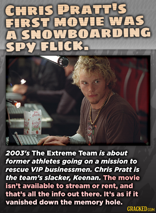 CHRIS PRATT'S FIRSt WAS A SPy FLIGAAN Soh frost 2003's The Extreme Team is about former athletes going on a mission to rescue VIP businessmen. Chris P