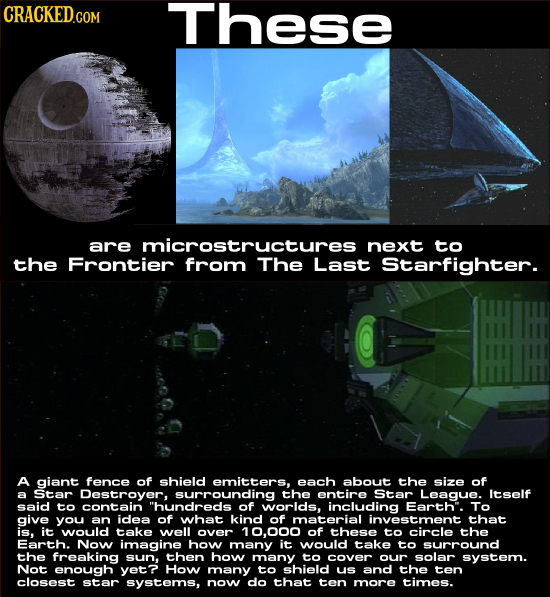 CRACKED.COM These are microstructures next to the Frontier from The Last Starfighter. A giant fence of shield emitters, each about the size of a Star
