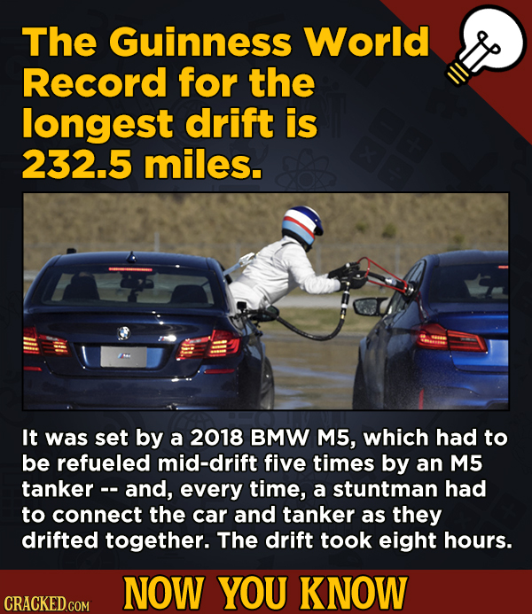 13 Movie-Related And Other Facts You Had No Clue About --The Guinness World Record for the longest drift is 232.5 miles.