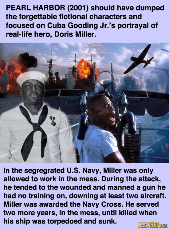 PEARL HARBOR (2001) should have dumped the forgettable fictional characters and focused on Cuba Gooding Jr.'s portrayal of real-life hero, Doris Mille