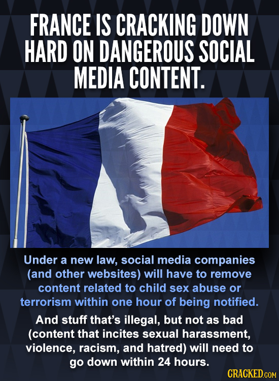FRANCE IS CRACKING DOWN HARD ON DANGEROUS SOCIAL MEDIA CONTENT. Under a new law, social media companies (and other websites) will have to remove conte