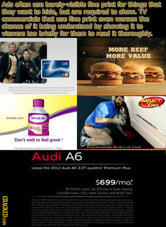 Ads often use barely-visible fine print for things that they want to hide, but are required to show. TV commercials that use fine print even worsen th