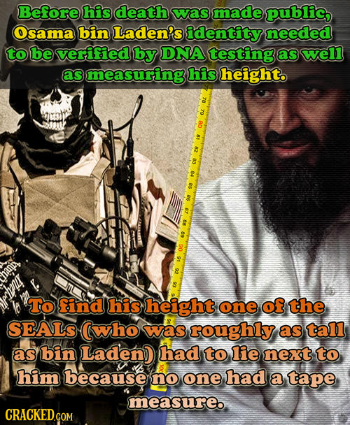 Before his death was made public, sama bin Laden's identity needed to be verified by DNA testing as well as measuring his height. : ce 85 B 7 69 a bon
