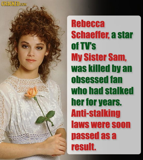 CRACKEDCON Rebecca Schaeffer, a star of TV'S My Sister Sam, was killed by an obsessed fan who had stalked her for years. Anti-stalking laws were soon
