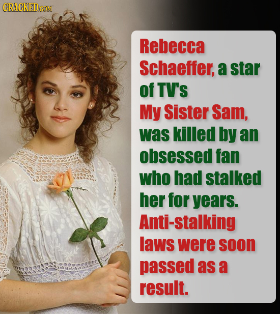 CRACKEDCON Rebecca Schaeffer, a star of TV'S My Sister Sam, was killed by an obsessed fan who had stalked her for years. Anti-stalking laws were soon 