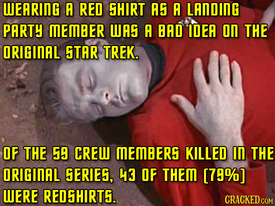 WEARING A RED SHIRT AS A LANDING PARTY MEMBER WAS A BAD IDEA on THE ORIGINAL STAR TREK. OF THE 59 CREW MEMBERS KILLED In THE ORIGINAL SERIES, 43 OF TH