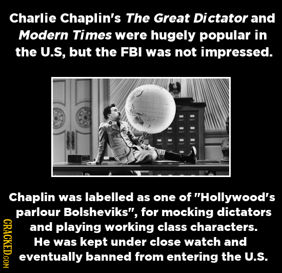 Charlie Chaplin's The Great Dictator and Modern Times were hugely popular in the U.S, but the FBI was not impressed. Chaplin was labelled as one of H