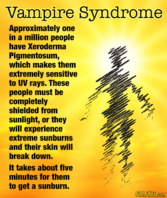 Vampire Syndrome Approximately one in a million people have Xeroderma Pigmentosum, which makes them AarwnhE extremely sensitive to UV rays. These peop