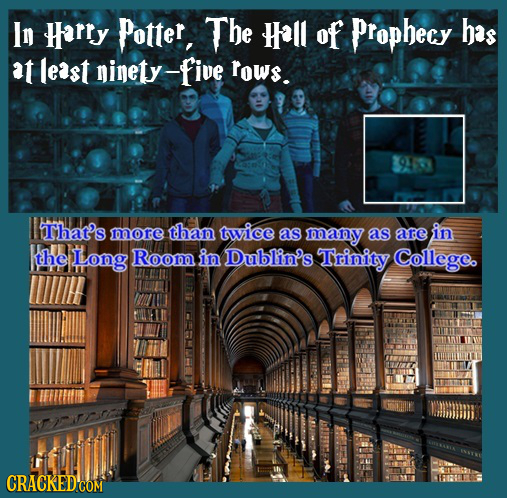 In Harry Potter, The Hall of prophecy has at least ninety-five rows. That's more than twice as many as are in the Long Room in Dublin's Trinity Colleg