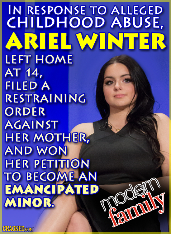 IN RESPONSE TO ALLEGED CHILDHOOD ABUSE, ARIEL WINTER LEFT HOME AT 14, FILED A RESTRAINING ORDER AGAINST HER MOTHER, AND WON HER PETITION TO BECOME AN