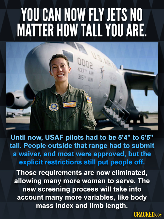 YOU CAN NOW FLY JETS NO MATTER HOW TALL YOU ARE. 0002 437 AN 3IS Until now, USAF pilots had to be 5'4 to 6'5 tall. People outside that range had to