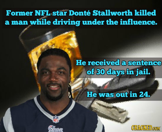 Former NFL star Donte Stallworth killed a man while driving under the influence. He received a sentence of 30 days in jail. He was out in 24. NEL Piro