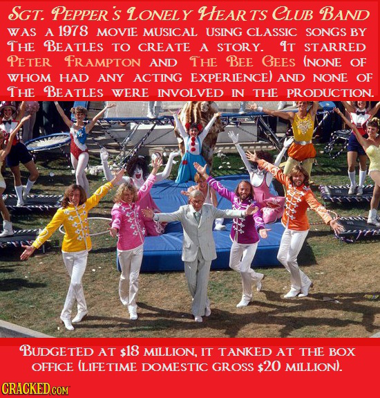 SGt. PEPPER 'S LONELY HEart CLUB BAND WAS A 1978 MOVIE MUSICAL USING CLASSIC SONGS BY THE BEATLES TO CREATE A STORY. IT STARRED PETER FRAMPTON AND THE