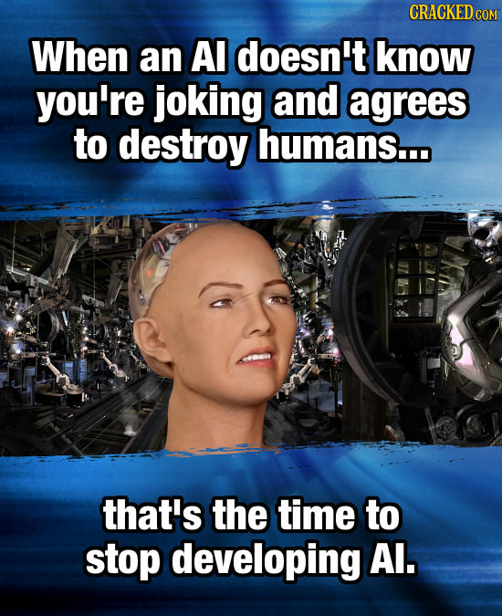 CRACKEDCO When an AI doesn't know you're joking and agrees to destroy humans.. that's the TiME to stop developing Al.