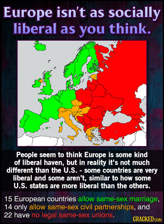 Europe isn't as socially liberal as you think. People seem to think Europe is some kind of liberal haven, but in reality it's not much different than 