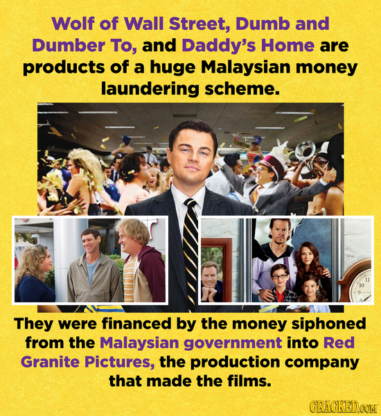 Wolf of Wall Street, Dumb and Dumber To, and Daddy's Home are products of a huge Malaysian money laundering scheme. They were financed by the money si