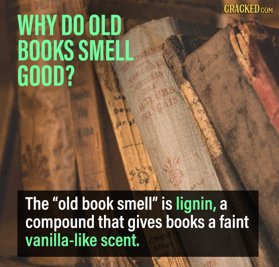 CRACKEDCON WHY DO OLD BOOKS SMELL GOOD? The old book smell is lignin, a compound that gives books a faint vanilla-like scent.
