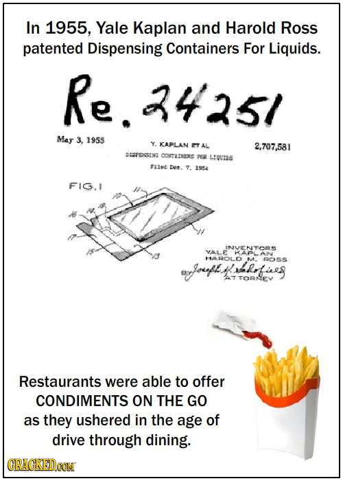 In 1955, Yale Kaplan and Harold Ross patented Dispensing Containers For Liquids. Re. .3425/ May 3, 1955 Y. KCAPLAN ET AL 2,707.581 DISTESING CCOrTATRI