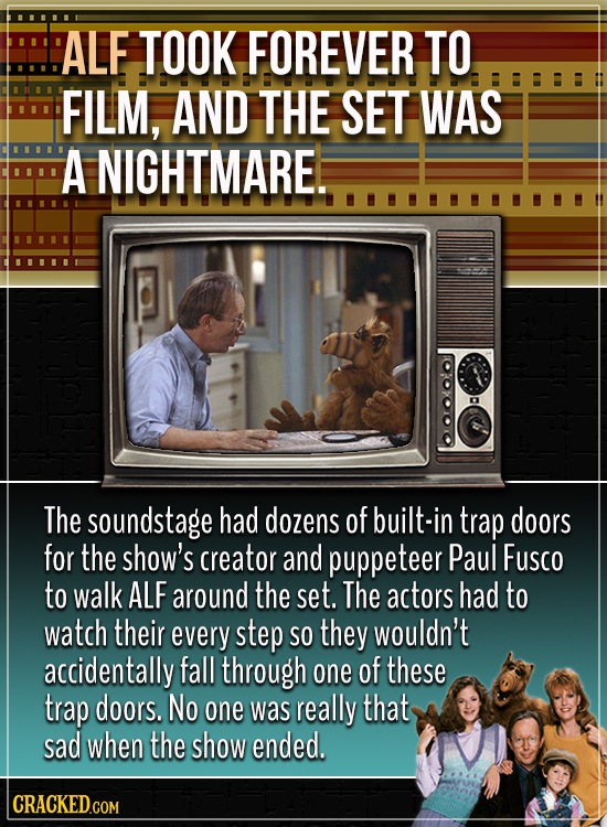 ALF TOOK FOREVER TO FILM, AND THE SET WAS A NIGHTMARE. The soundstage had dozens oF built-in trap doors for the show's creator and puppeteer Paul Fusc