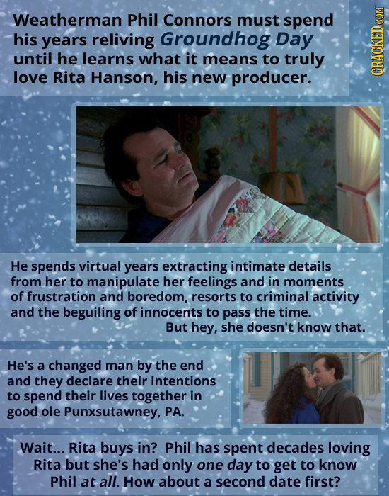 Weatherman Phil Connors must spend his years reliving Groundhog Day until he learns what it means to truly love Rita Hanson, his new producer. GRU He