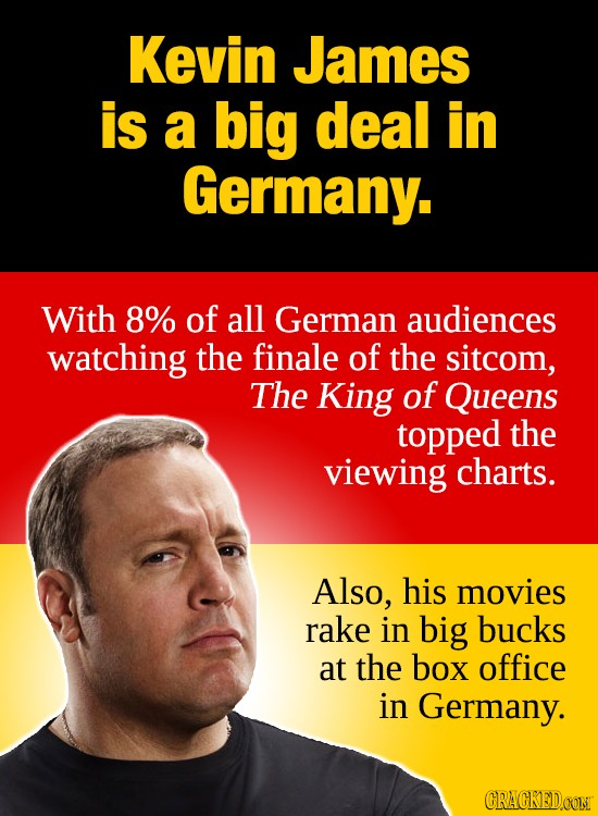 Kevin James is a big deal in Germany. With 8% of all German audiences watching the finale of the sitcom, The King of Queens topped the viewing charts.