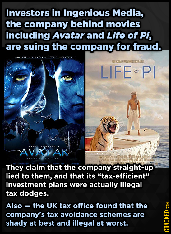 Investors in Ingenious Media, the company behind movies including Avatar and Life of Pi, are suing the company for fraud. MORTMINGTON A'ANA RO/RAAR DA
